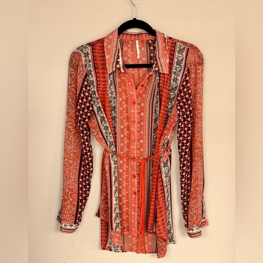 Free People Red, White & Black Sheer Patterned Blouse